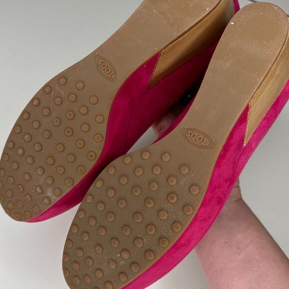 Tod's Deep Pink Suede Ankle Strap Ballerina Style Round Toe Wedge Shoes 38 / 8 - Picture 9 of 13